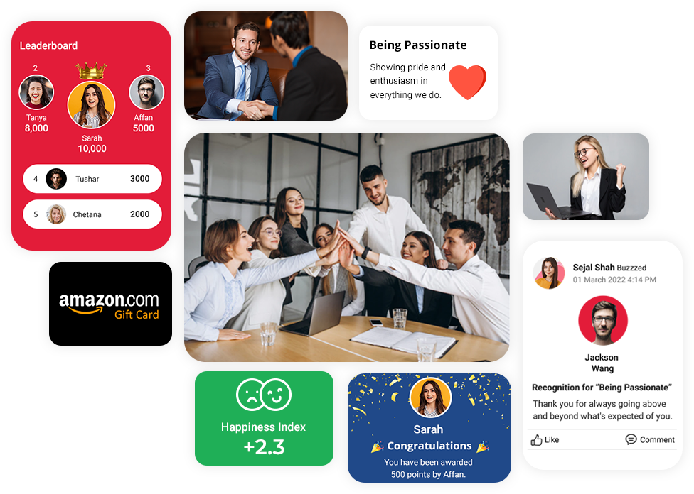 GRG India platform overview showing leaderboards, recognition, rewards, and engagement features